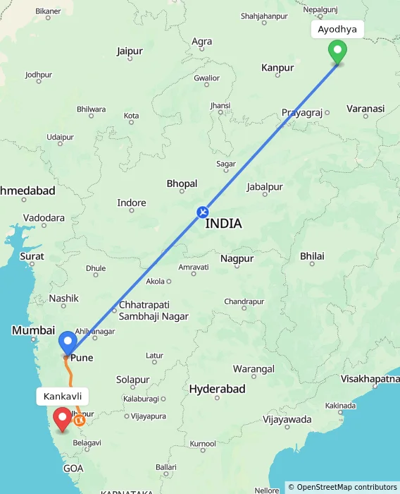Route map showing distance and travel time from Ayodhya, India to Kankavli, India