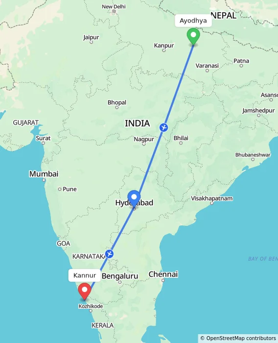 Route map showing distance and travel time from Ayodhya, India to Kannur, India