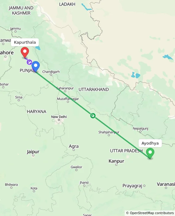 Route map showing distance and travel time from Ayodhya, India to Kapurthala, India