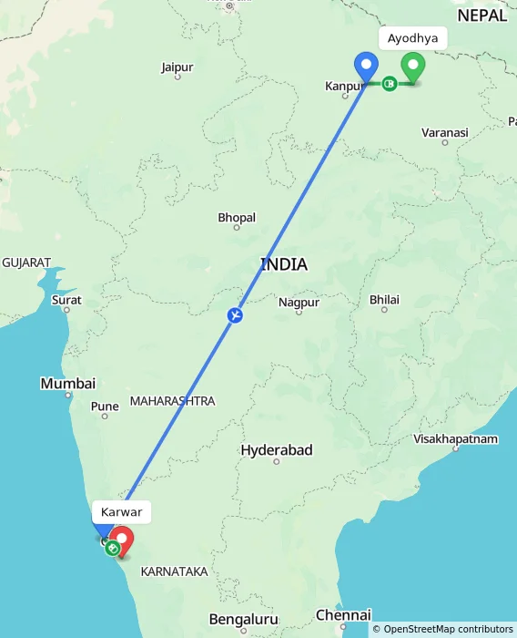 Route map showing distance and travel time from Ayodhya, India to Karwar, India