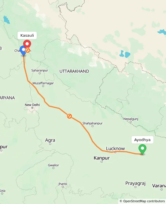 Route map showing distance and travel time from Ayodhya, India to Kasauli, India