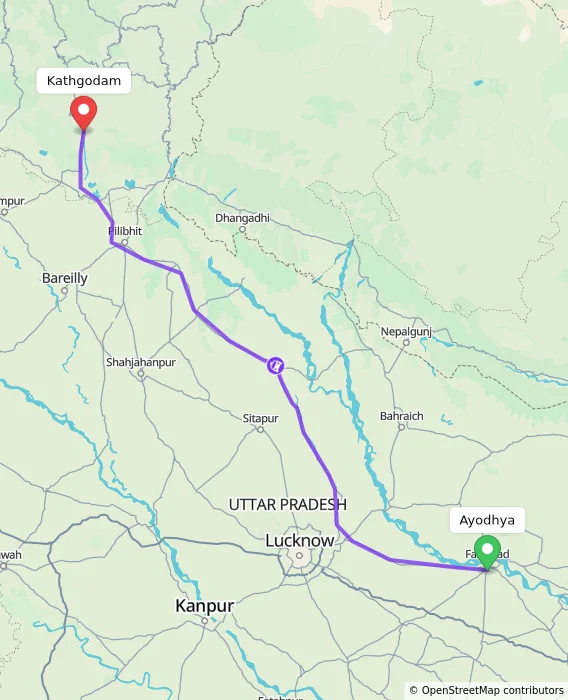 Route map showing distance and travel time from Ayodhya, India to Kathgodam, India