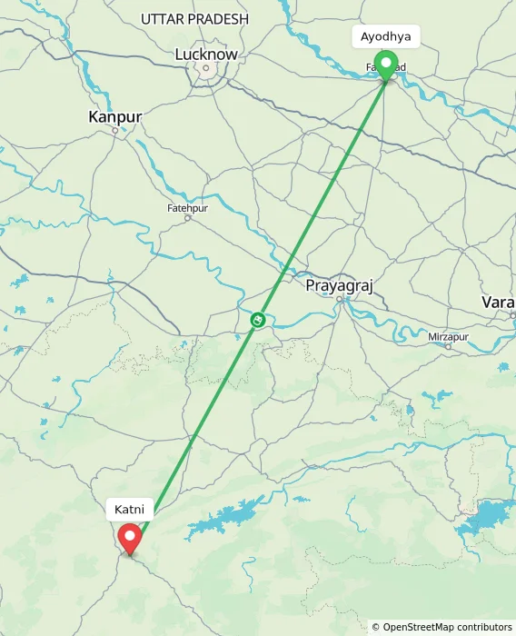 Route map showing distance and travel time from Ayodhya, India to Katni, India