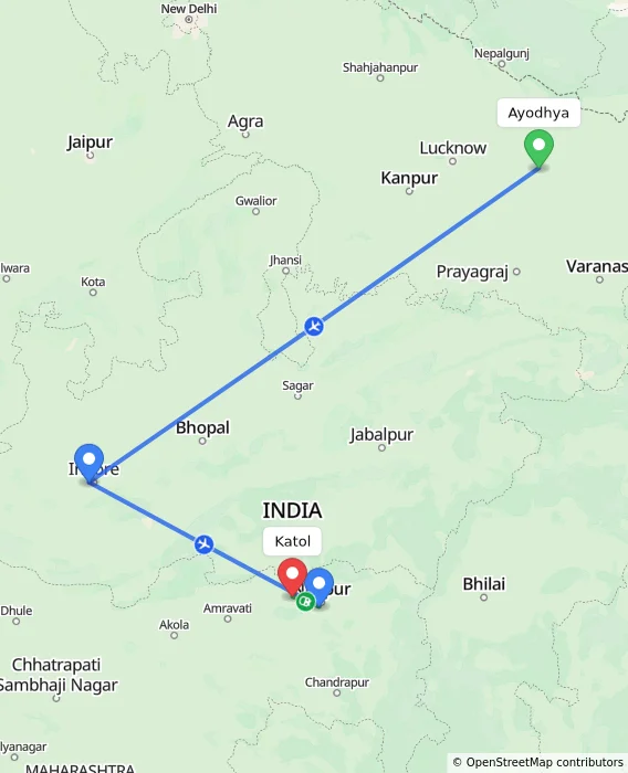 Route map showing distance and travel time from Ayodhya, India to Katol, India