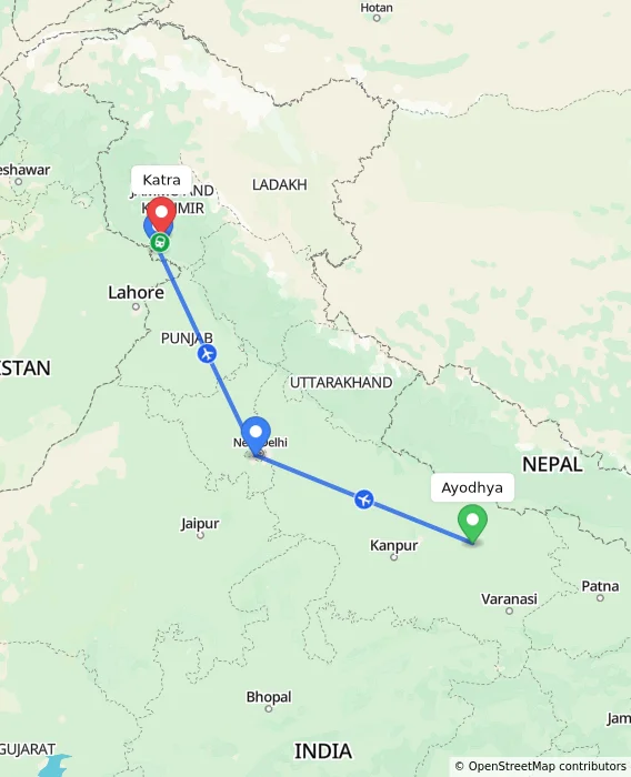 Route map showing distance and travel time from Ayodhya, India to Katra, India