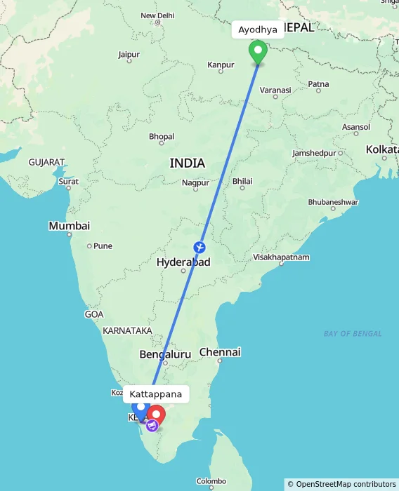 Route map showing distance and travel time from Ayodhya, India to Kattappana, India