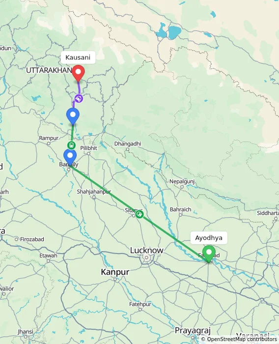 Route map showing distance and travel time from Ayodhya, India to Kausani, India