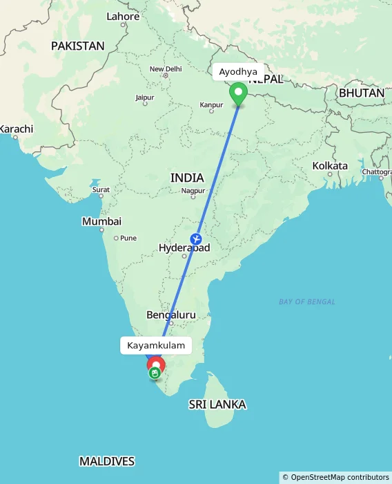 Route map showing distance and travel time from Ayodhya, India to Kayamkulam, India