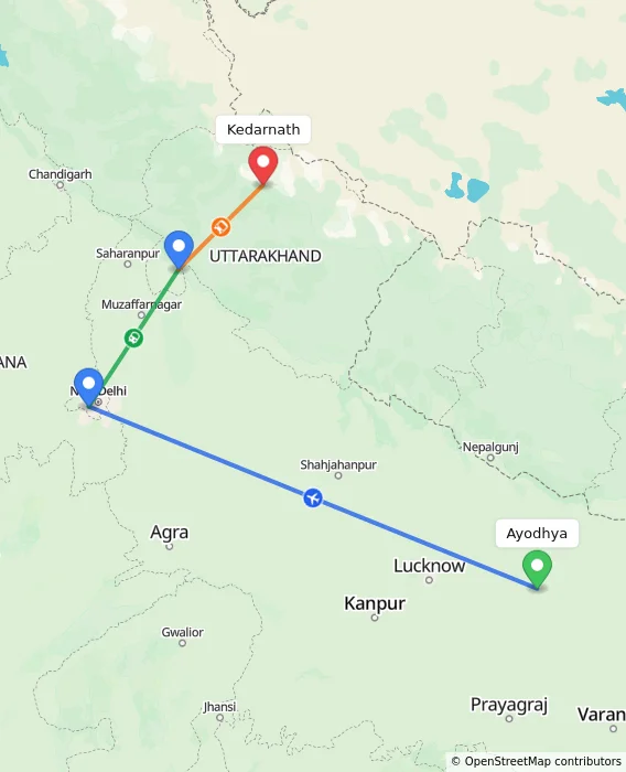 Route map showing distance and travel time from Ayodhya, India to Kedarnath, India
