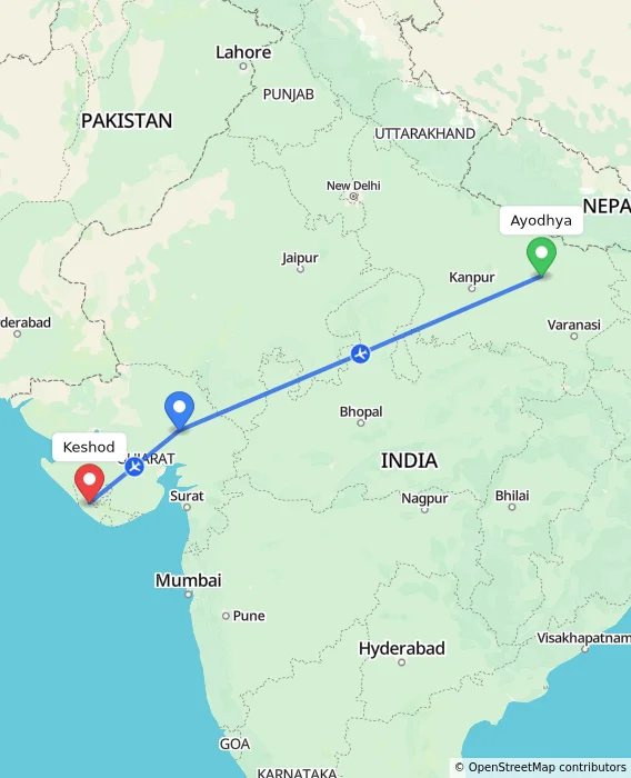 Route map showing distance and travel time from Ayodhya, India to Keshod, India