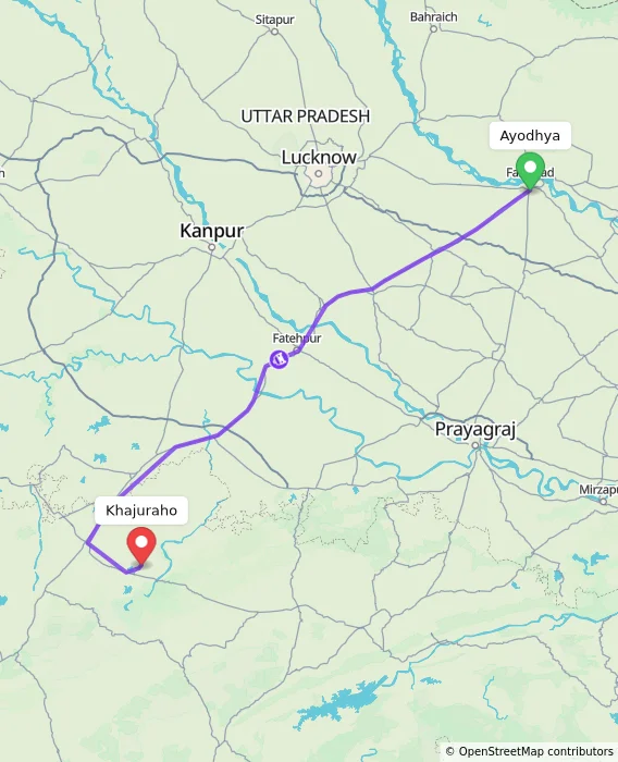 Route map showing distance and travel time from Ayodhya, India to Khajuraho, India
