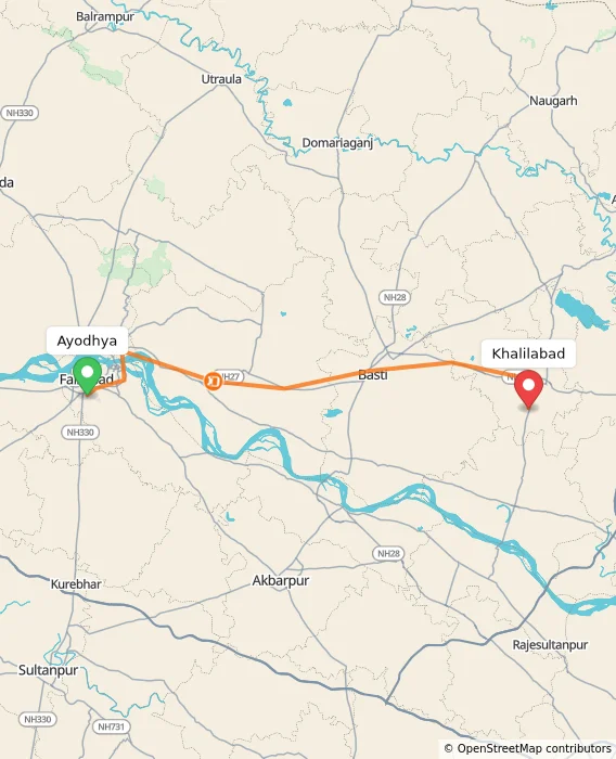 Route map showing distance and travel time from Ayodhya, India to Khalilabad, India