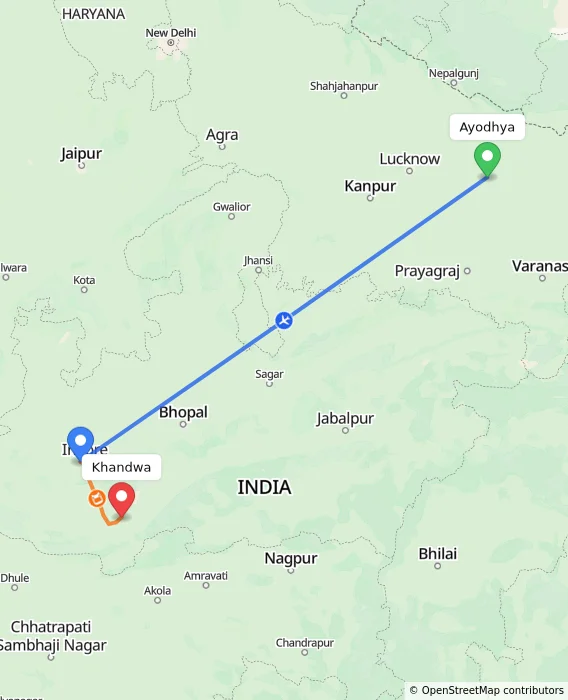 Route map showing distance and travel time from Ayodhya, India to Khandwa, India