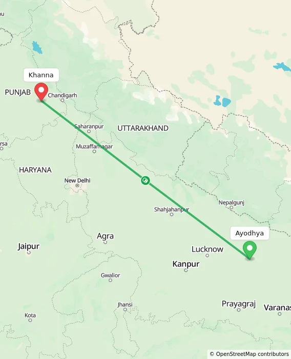 Route map showing distance and travel time from Ayodhya, India to Khanna, India