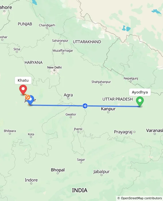 Route map showing distance and travel time from Ayodhya, India to Khatu, India