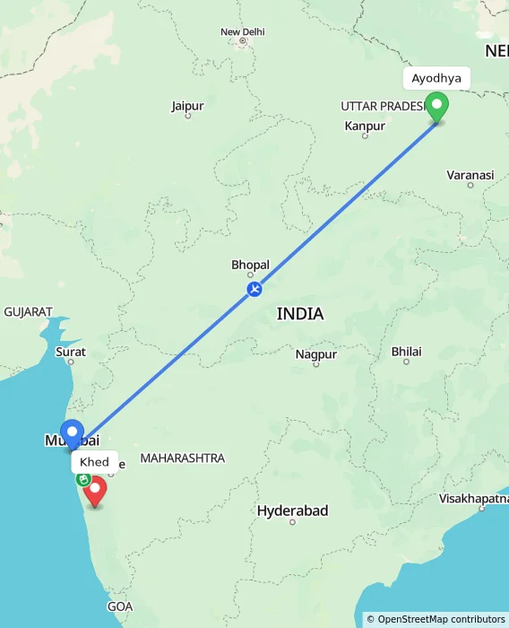 Route map showing distance and travel time from Ayodhya, India to Khed, India