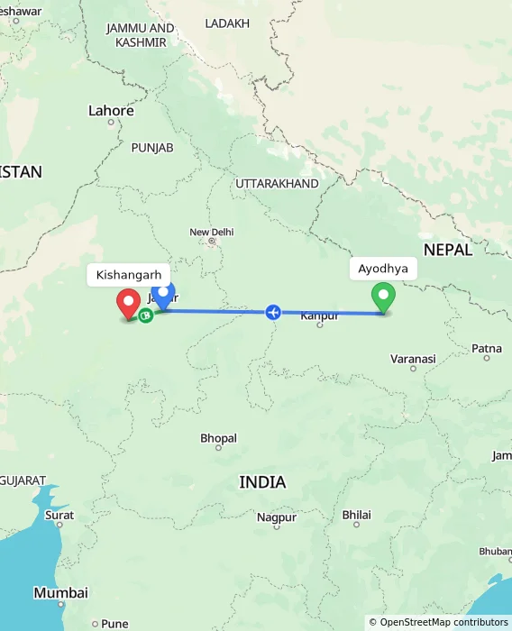 Route map showing distance and travel time from Ayodhya, India to Kishangarh, India