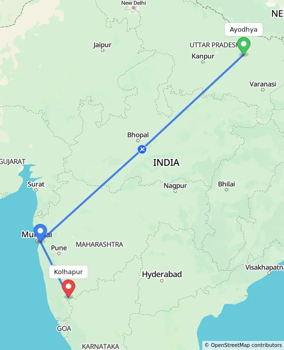 Route map showing distance and travel time from Ayodhya, India to Kolhapur, India