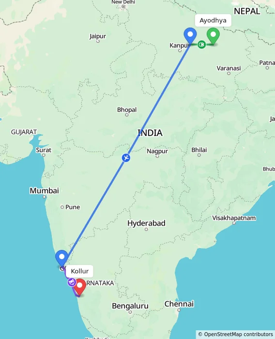 Route map showing distance and travel time from Ayodhya, India to Kollur, India