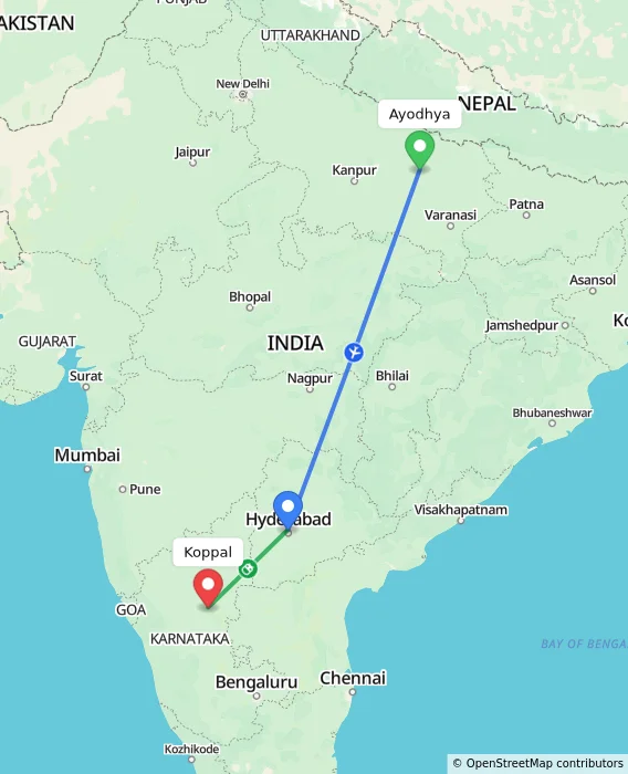 Route map showing distance and travel time from Ayodhya, India to Koppal, India