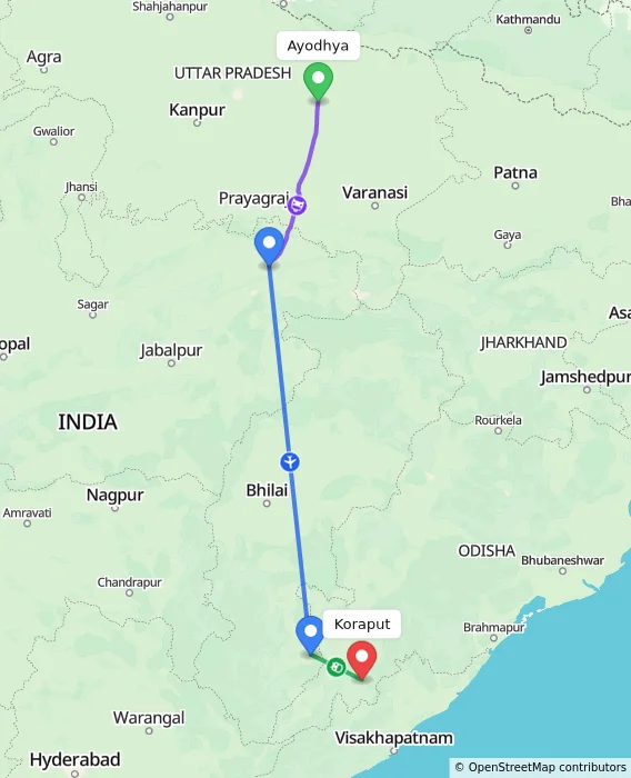 Route map showing distance and travel time from Ayodhya, India to Koraput, India