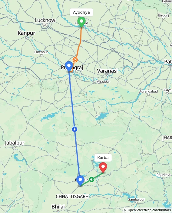 Route map showing distance and travel time from Ayodhya, India to Korba, India