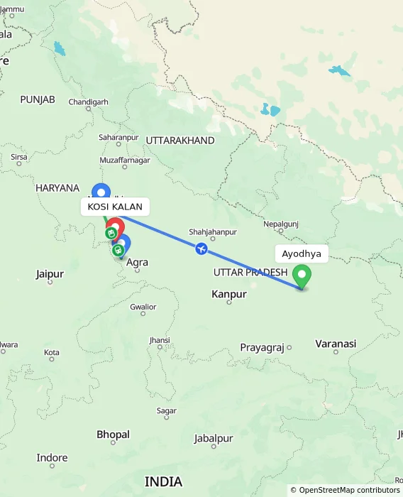 Route map showing distance and travel time from Ayodhya, India to KOSI KALAN, India