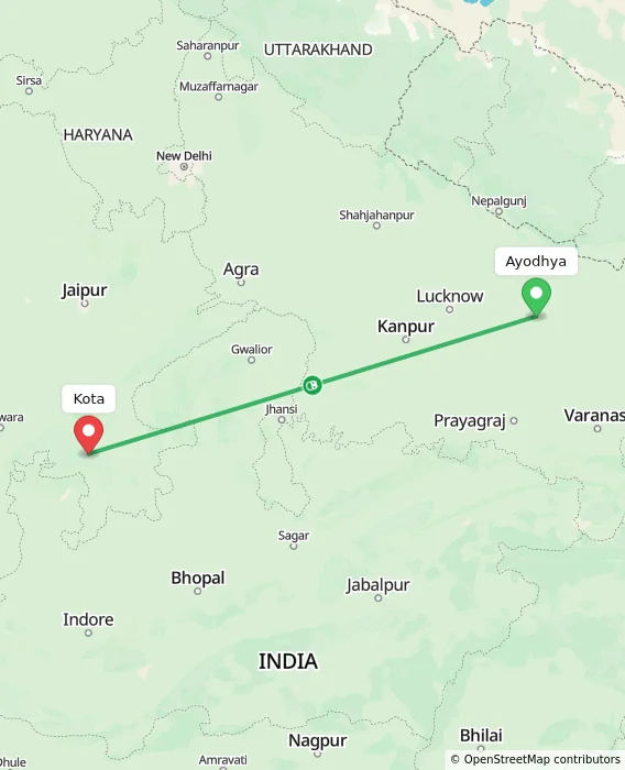 Route map showing distance and travel time from Ayodhya, India to Kota, India