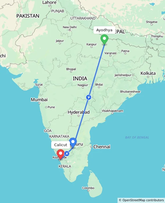 Route map showing distance and travel time from Ayodhya, India to Kozhikode, India