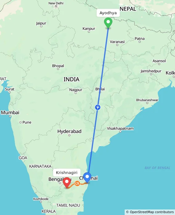 Route map showing distance and travel time from Ayodhya, India to Krishnagiri, India
