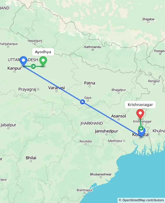 Route map showing distance and travel time from Ayodhya, India to Krishnanagar, India