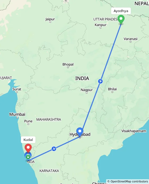 Route map showing distance and travel time from Ayodhya, India to Kudal, India