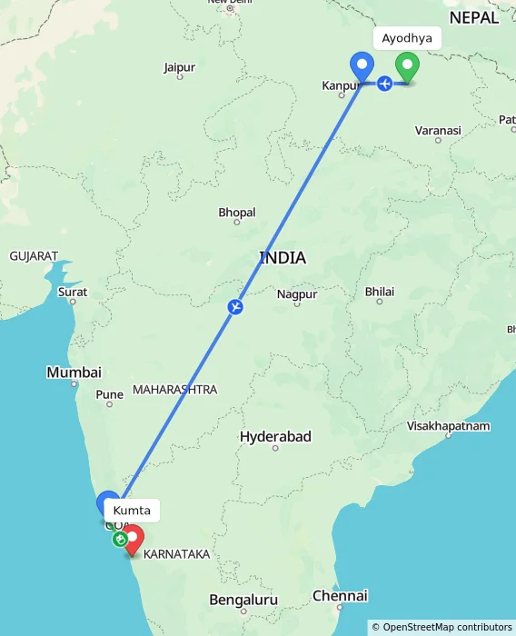 Route map showing distance and travel time from Ayodhya, India to Kumta, India