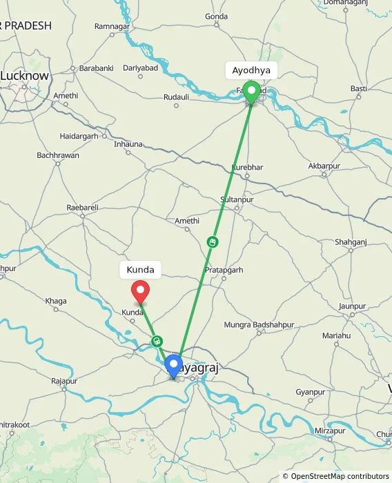 Route map showing distance and travel time from Ayodhya, India to Kunda, India
