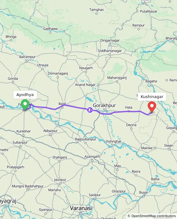 Route map showing distance and travel time from Ayodhya, India to Kushinagar, India