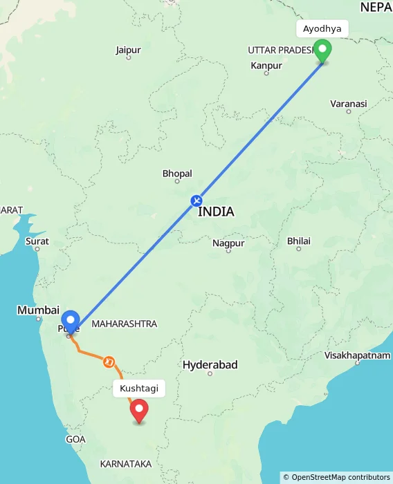 Route map showing distance and travel time from Ayodhya, India to Kushtagi, India