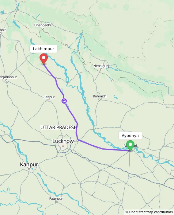 Route map showing distance and travel time from Ayodhya, India to Lakhimpur, India