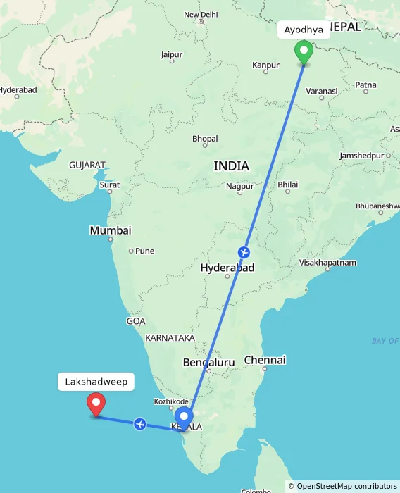 Route map showing distance and travel time from Ayodhya, India to Lakshadweep, India