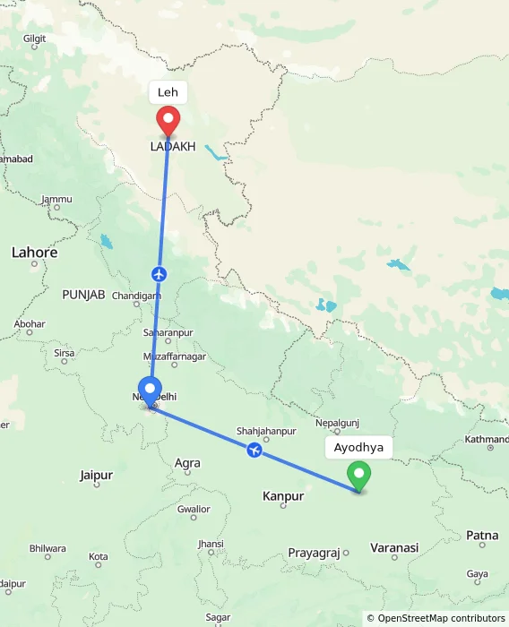 Route map showing distance and travel time from Ayodhya, India to Leh, India