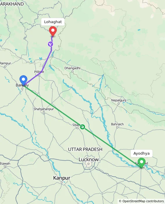 Route map showing distance and travel time from Ayodhya, India to Lohaghat, India