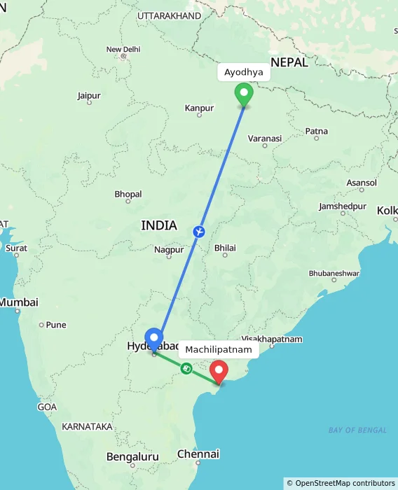 Route map showing distance and travel time from Ayodhya, India to Machilipatnam, India