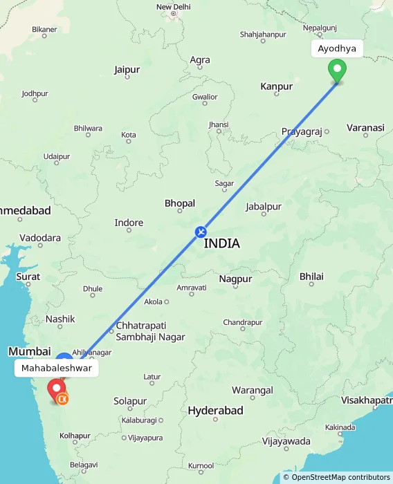 Route map showing distance and travel time from Ayodhya, India to Mahabaleshwar, India