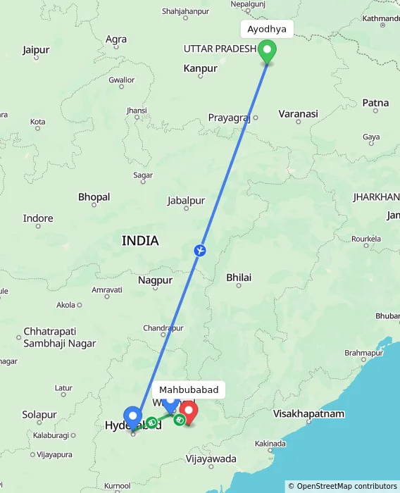 Route map showing distance and travel time from Ayodhya, India to Mahbubabad, India