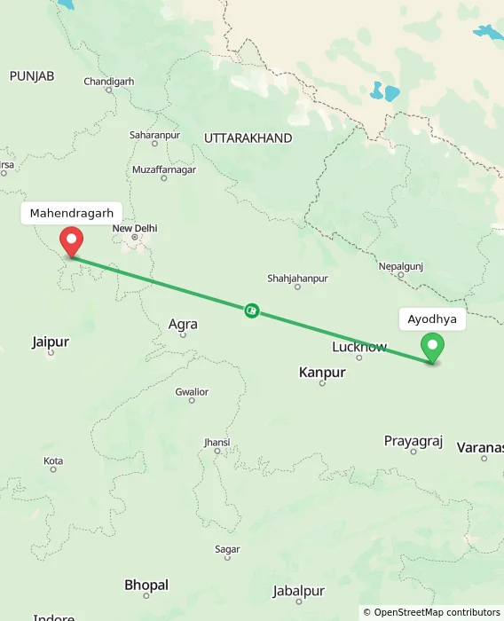 Route map showing distance and travel time from Ayodhya, India to Mahendragarh, India