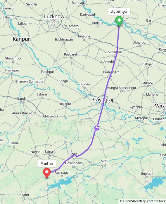 Route map showing distance and travel time from Ayodhya, India to Maihar, India