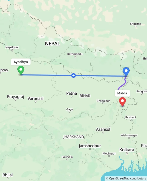 Route map showing distance and travel time from Ayodhya, India to Malda, India