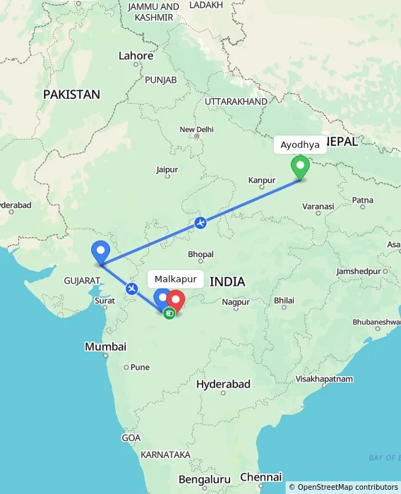 Route map showing distance and travel time from Ayodhya, India to Malkapur, India
