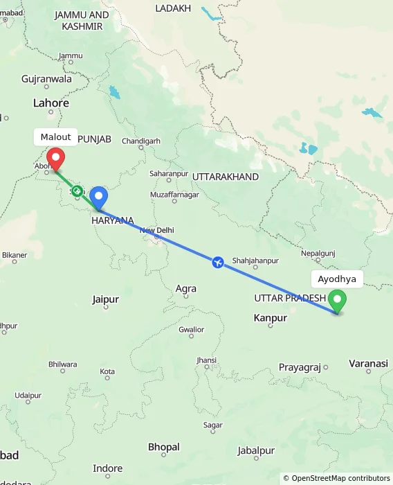 Route map showing distance and travel time from Ayodhya, India to Malout, India