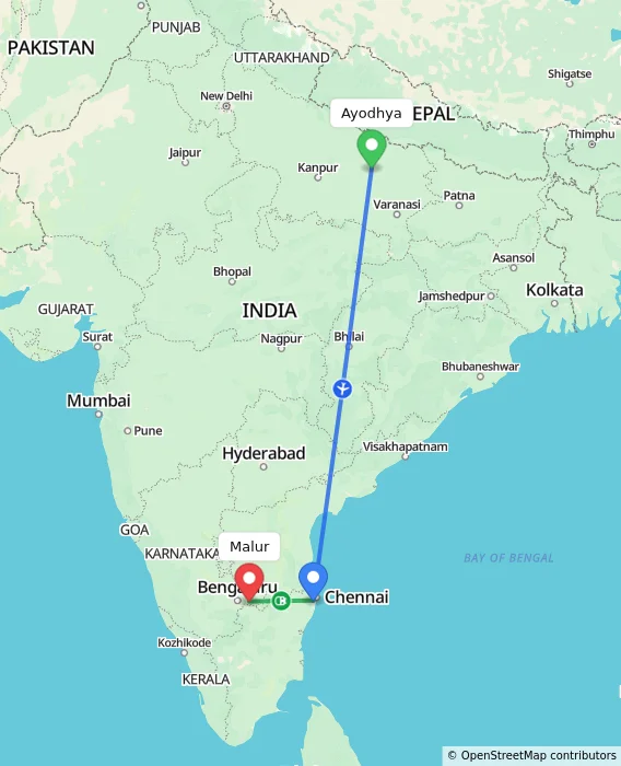 Route map showing distance and travel time from Ayodhya, India to Malur, India