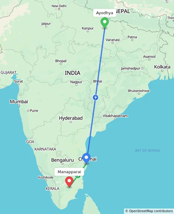 Route map showing distance and travel time from Ayodhya, India to Manapparai, India